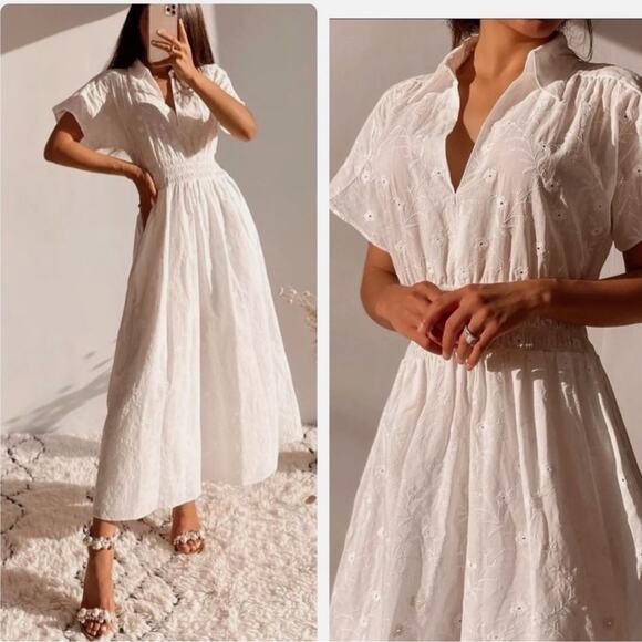 NWT Zara Openwork Embroidered Midi Cotton Dress Oyster White Blogger Favorite XS - Picture 1 of 16